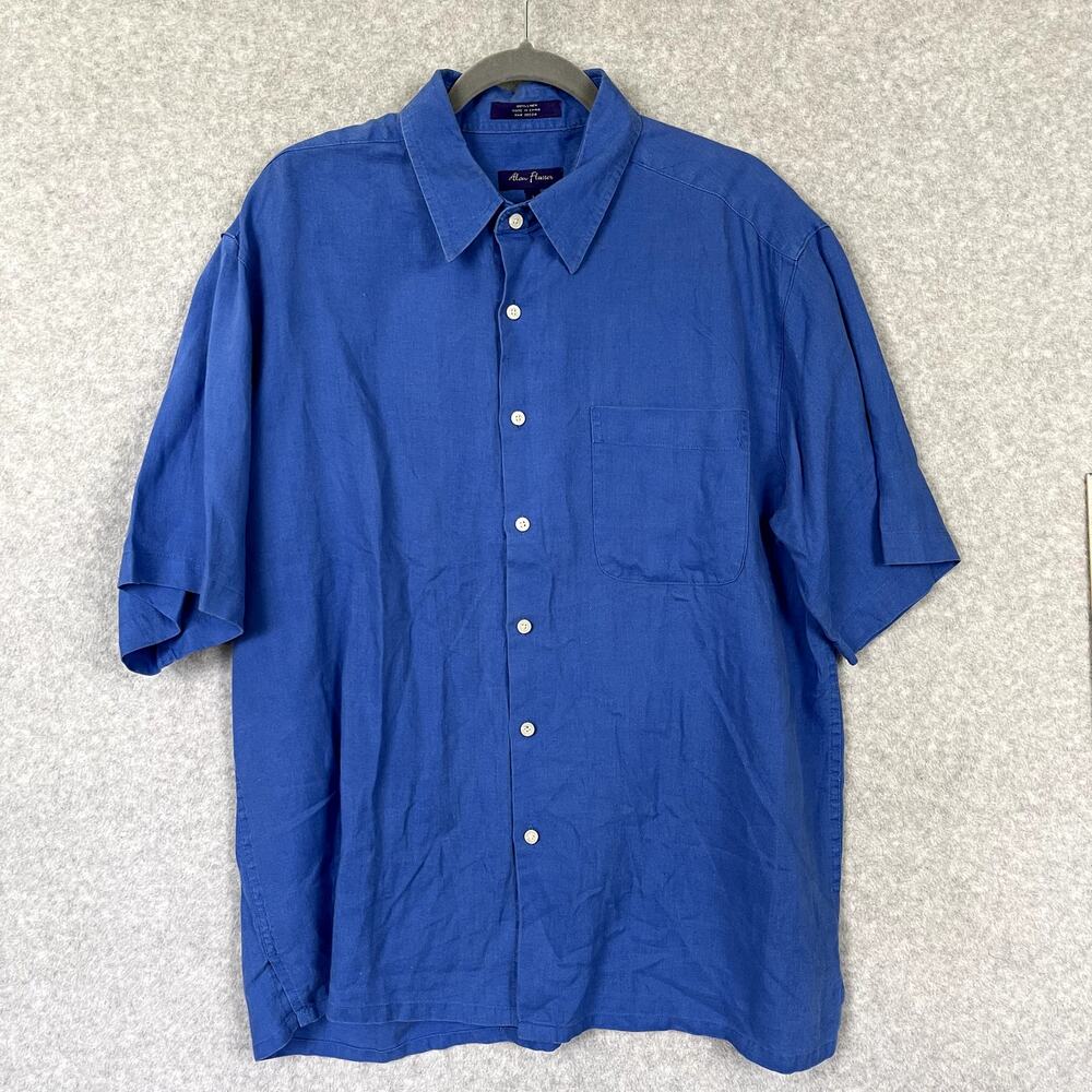 Alan Flusser Linen Button Up Shirt Size L Blue Short Sleeve Casual Beach Summer